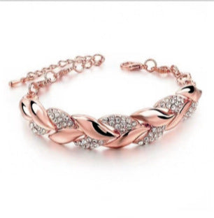Gold Leaves Bracelet For Women Featuring Electroplated Zinc Alloy With Rhinestone Inlay