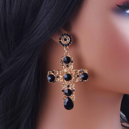Retro Cross Stud Earrings For Unisex Featuring Dyed Black Zinc Alloy With Crystal Inlay