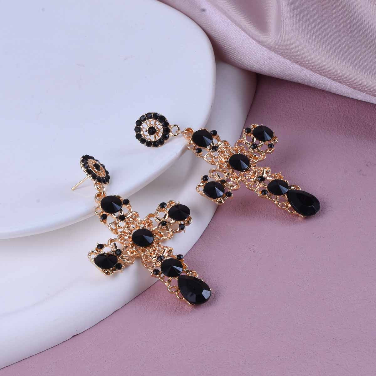 Retro Cross Stud Earrings For Unisex Featuring Dyed Black Zinc Alloy With Crystal Inlay