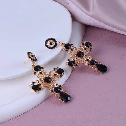Retro Cross Stud Earrings For Unisex Featuring Dyed Black Zinc Alloy With Crystal Inlay