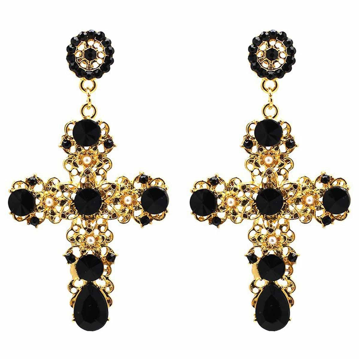 Retro Cross Stud Earrings For Unisex Featuring Dyed Black Zinc Alloy With Crystal Inlay