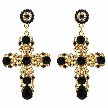 Retro Cross Stud Earrings For Unisex Featuring Dyed Black Zinc Alloy With Crystal Inlay