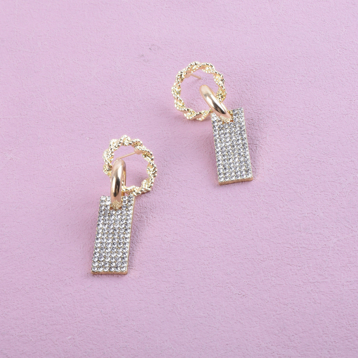 Sweet Geometric Alloy Earrings With Rhinestones, Electroplated Finish, Unisex Design