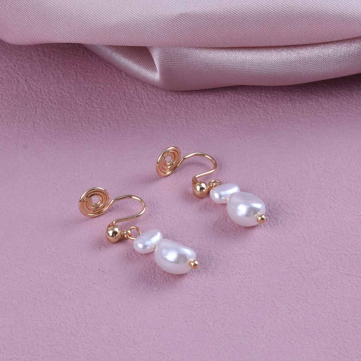 Sweet Geometric Clip Earrings In Electroplated Alloy With Artificial Pearl Inlay, Unisex Design
