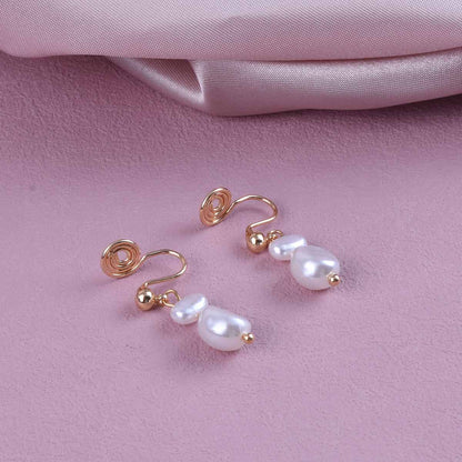 Sweet Geometric Clip Earrings In Electroplated Alloy With Artificial Pearl Inlay, Unisex Design