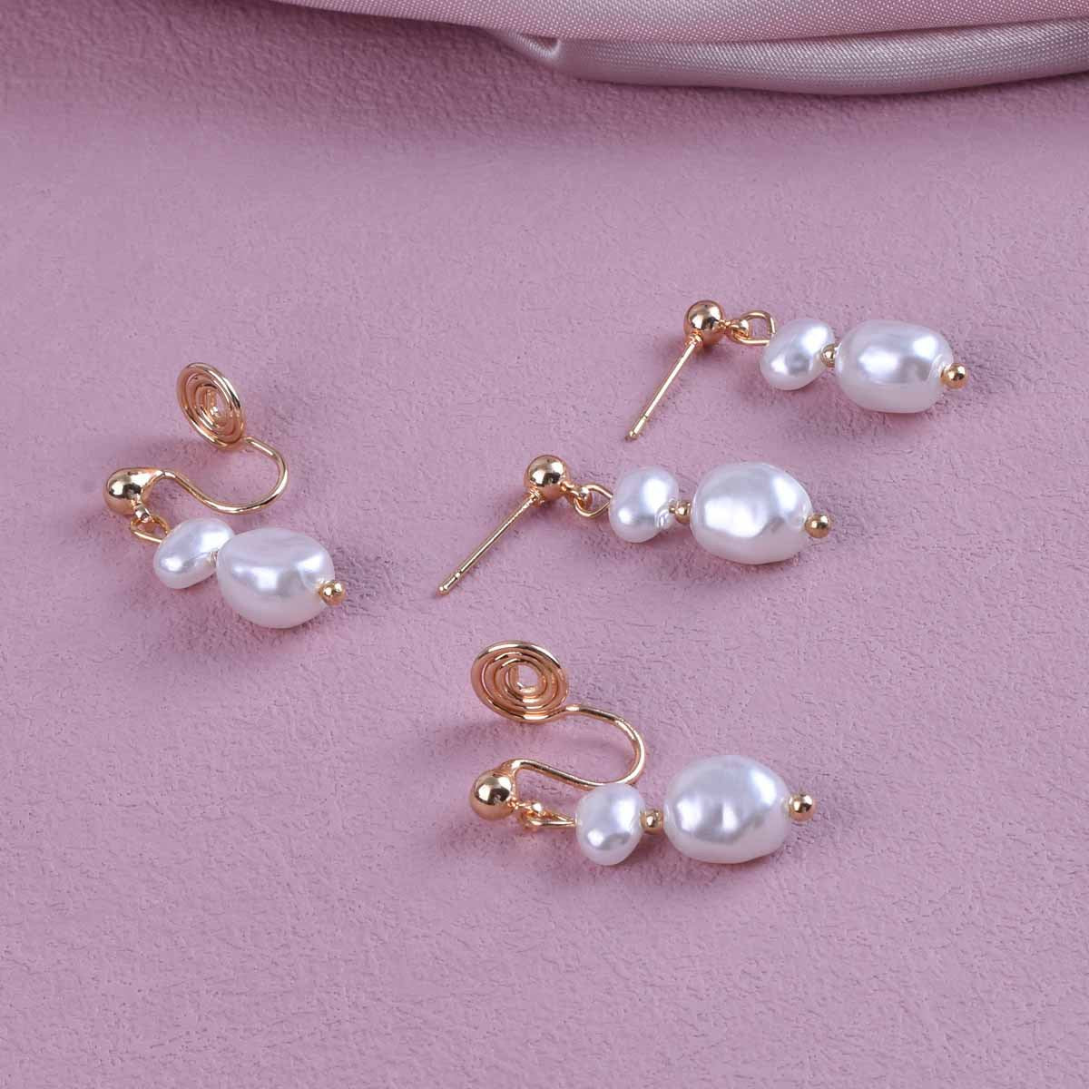 Sweet Geometric Clip Earrings In Electroplated Alloy With Artificial Pearl Inlay, Unisex Design