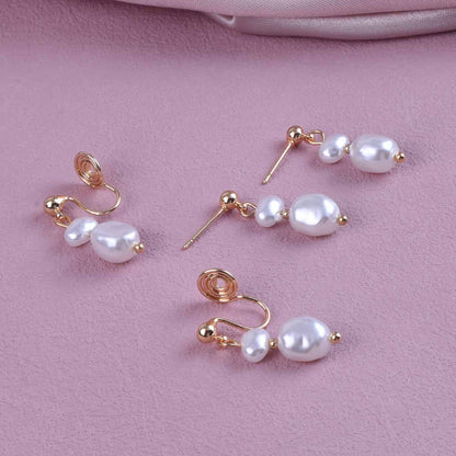 Sweet Geometric Clip Earrings In Electroplated Alloy With Artificial Pearl Inlay, Unisex Design