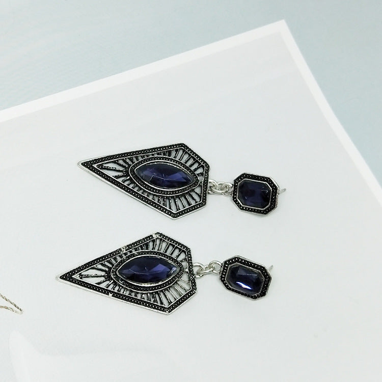 Retro Geometric Earrings In Antique Silver Plated Alloy With Rhinestones, Featuring 304 Stainless Steel Ear Pins