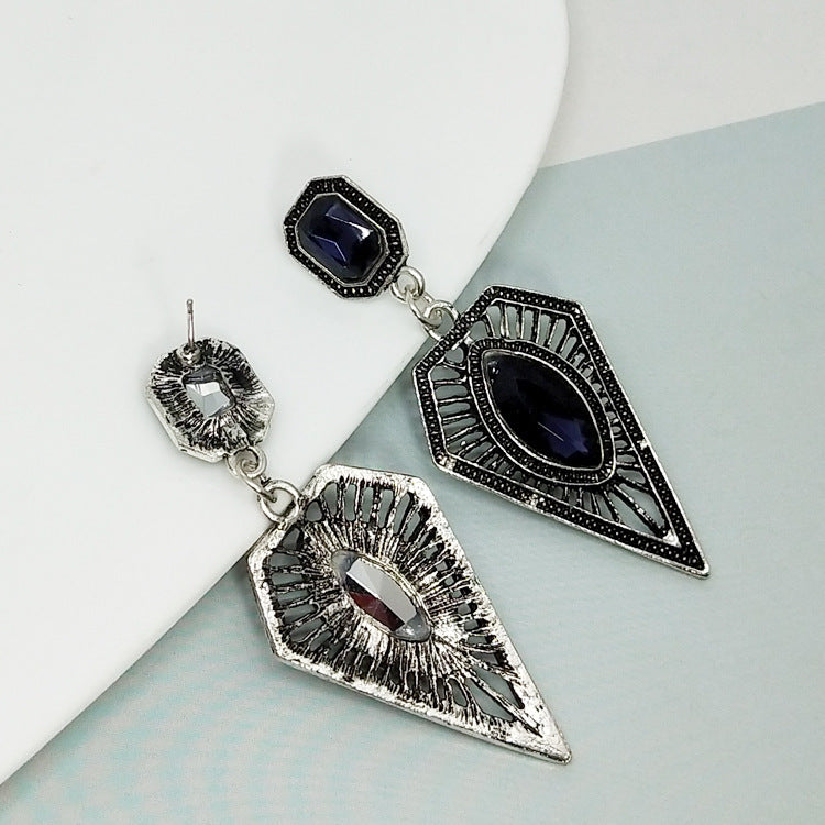 Retro Geometric Earrings In Antique Silver Plated Alloy With Rhinestones, Featuring 304 Stainless Steel Ear Pins