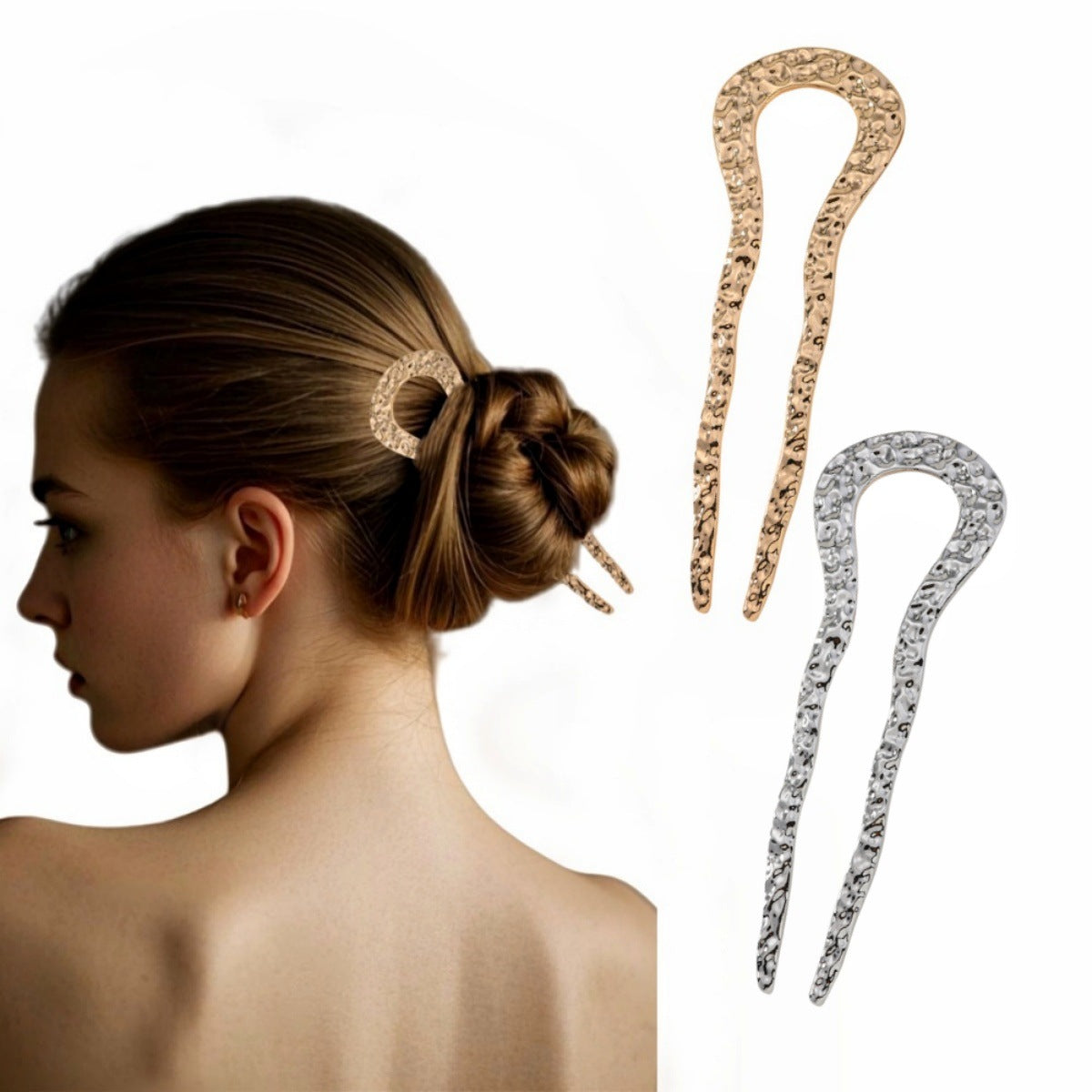 U Shape Hair Sticks In Simple Style, Metal Material, Available In Gold Color