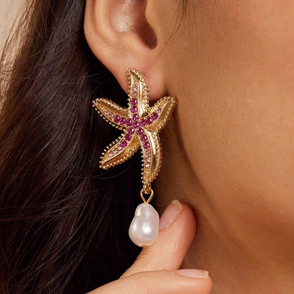 Starfish Earrings For Unisex Featuring Marine Style Design In Gold Zinc Alloy With Rhinestones Stud Earrings