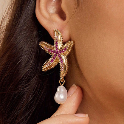 Starfish Earrings For Unisex Featuring Marine Style Design In Gold Zinc Alloy With Rhinestones Stud Earrings