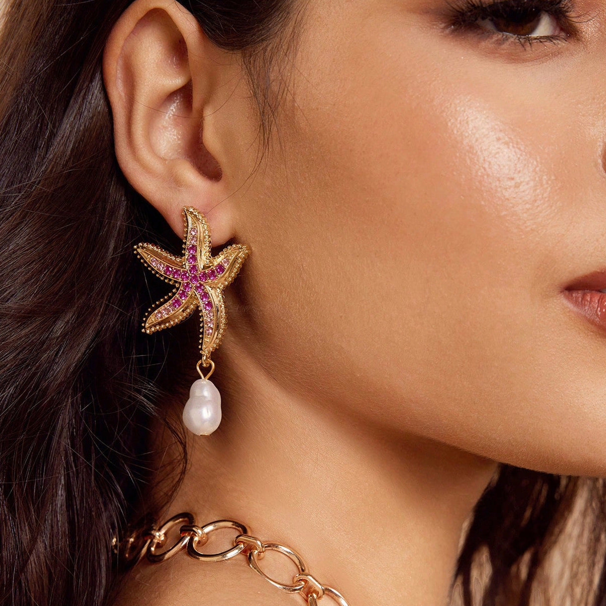Starfish Earrings For Unisex Featuring Marine Style Design In Gold Zinc Alloy With Rhinestones Stud Earrings