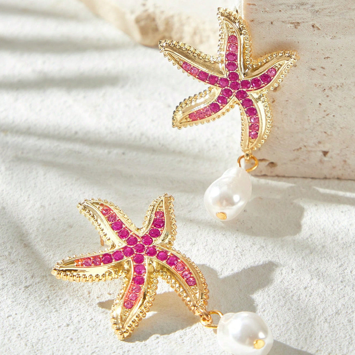 Starfish Earrings For Unisex Featuring Marine Style Design In Gold Zinc Alloy With Rhinestones Stud Earrings