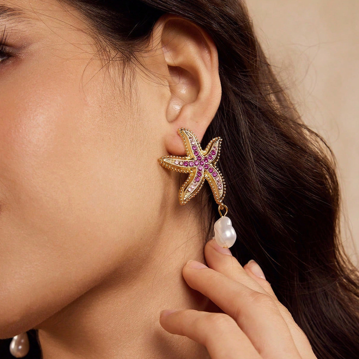 Starfish Earrings For Unisex Featuring Marine Style Design In Gold Zinc Alloy With Rhinestones Stud Earrings