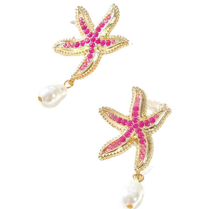 Starfish Earrings For Unisex Featuring Marine Style Design In Gold Zinc Alloy With Rhinestones Stud Earrings