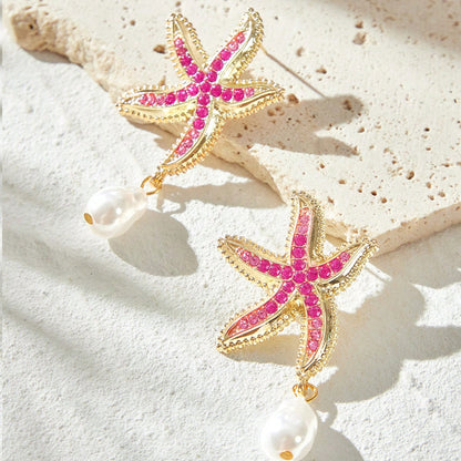 Starfish Earrings For Unisex Featuring Marine Style Design In Gold Zinc Alloy With Rhinestones Stud Earrings