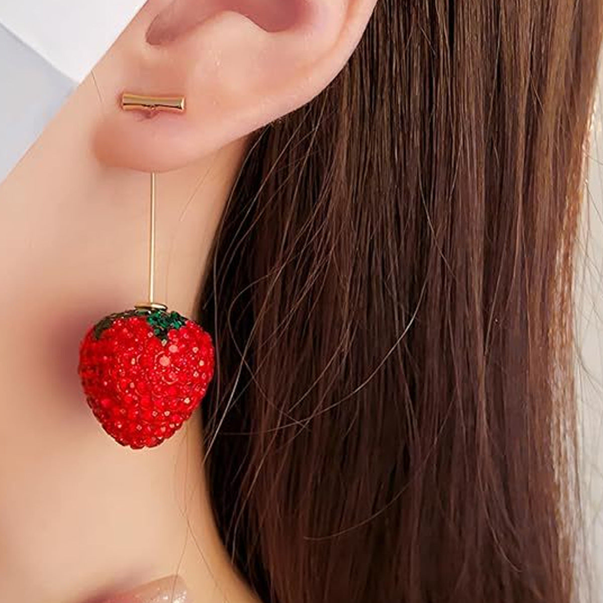 Sweet Red Strawberry Earrings For Unisex, Electroplated Alloy With Rhinestones
