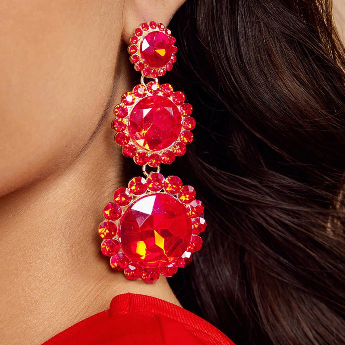 Exaggerated Round Red Alloy Earrings With Rhinestones, Electroplated Finish, Unisex Design