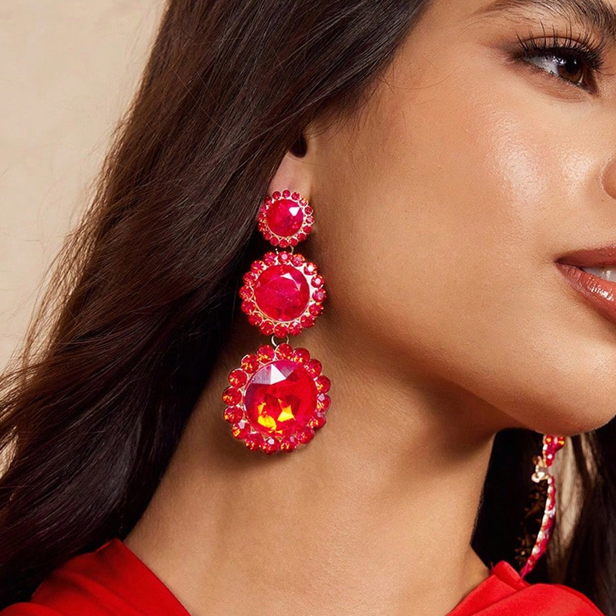 Exaggerated Round Red Alloy Earrings With Rhinestones, Electroplated Finish, Unisex Design