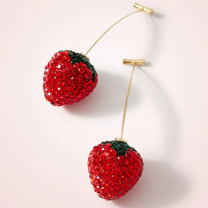 Sweet Red Strawberry Earrings For Unisex, Electroplated Alloy With Rhinestones