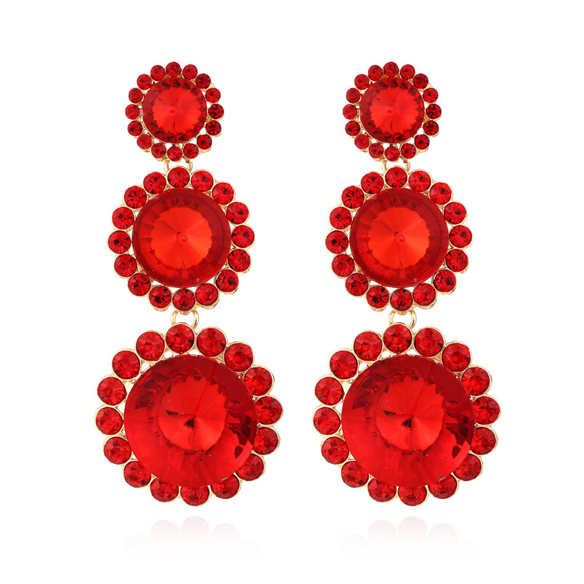 Exaggerated Round Red Alloy Earrings With Rhinestones, Electroplated Finish, Unisex Design