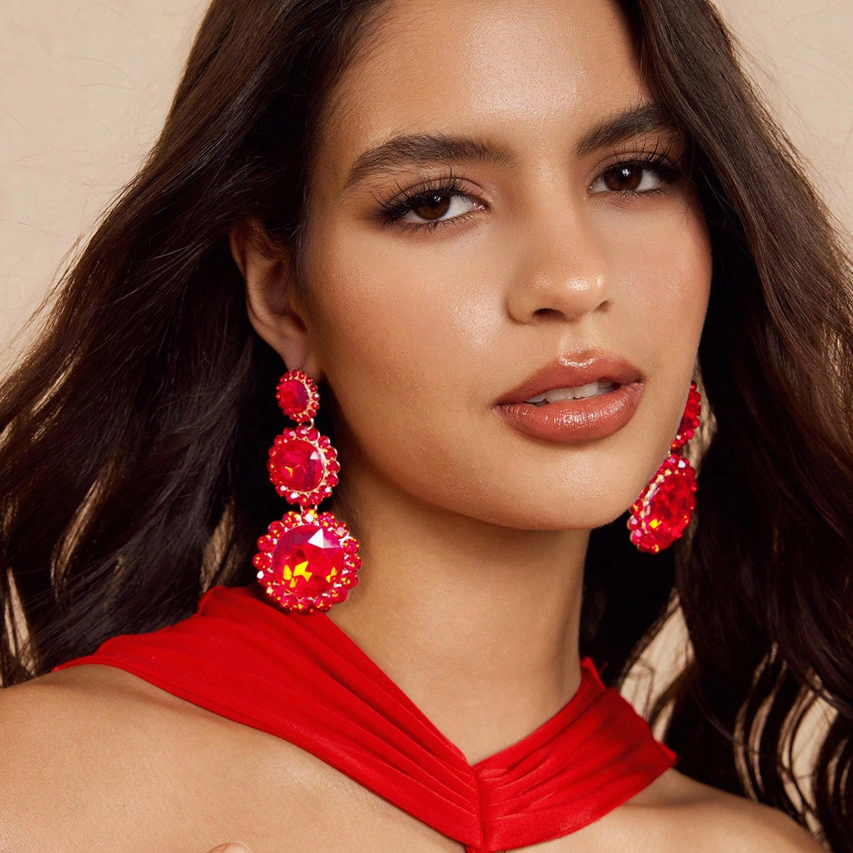 Exaggerated Round Red Alloy Earrings With Rhinestones, Electroplated Finish, Unisex Design