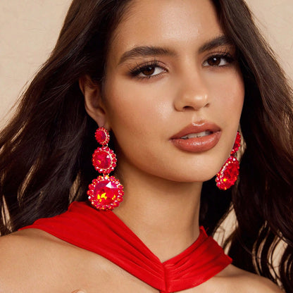 Exaggerated Round Red Alloy Earrings With Rhinestones, Electroplated Finish, Unisex Design