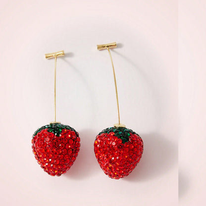 Sweet Red Strawberry Earrings For Unisex, Electroplated Alloy With Rhinestones