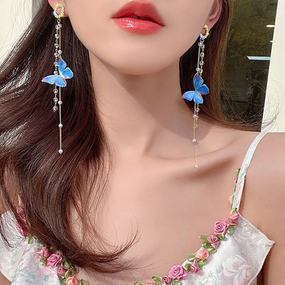 Sweet Butterfly Unisex Earrings, Alloy With Electroplated Finish, 304 Stainless Steel Posts, Tassel Design