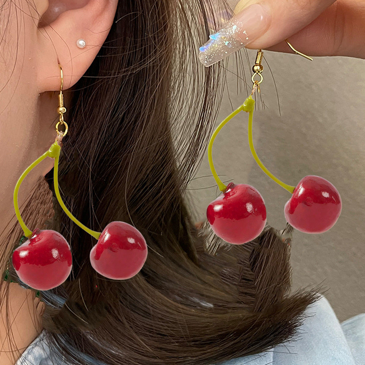 Sweet Cherry Red Alloy Earrings With Electroplated Finish, Unisex Design