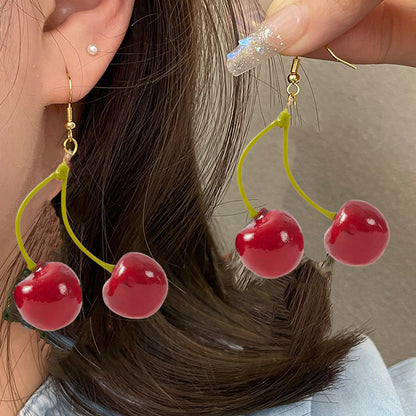 Sweet Cherry Red Alloy Earrings With Electroplated Finish, Unisex Design