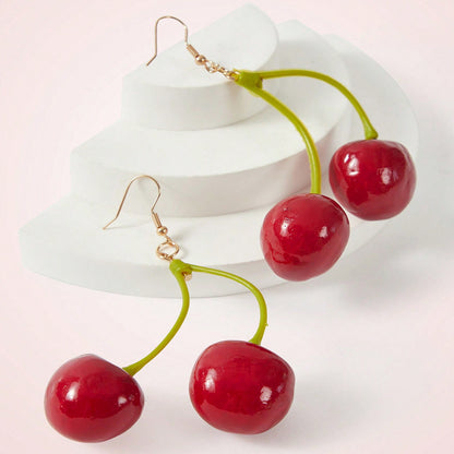 Sweet Cherry Red Alloy Earrings With Electroplated Finish, Unisex Design
