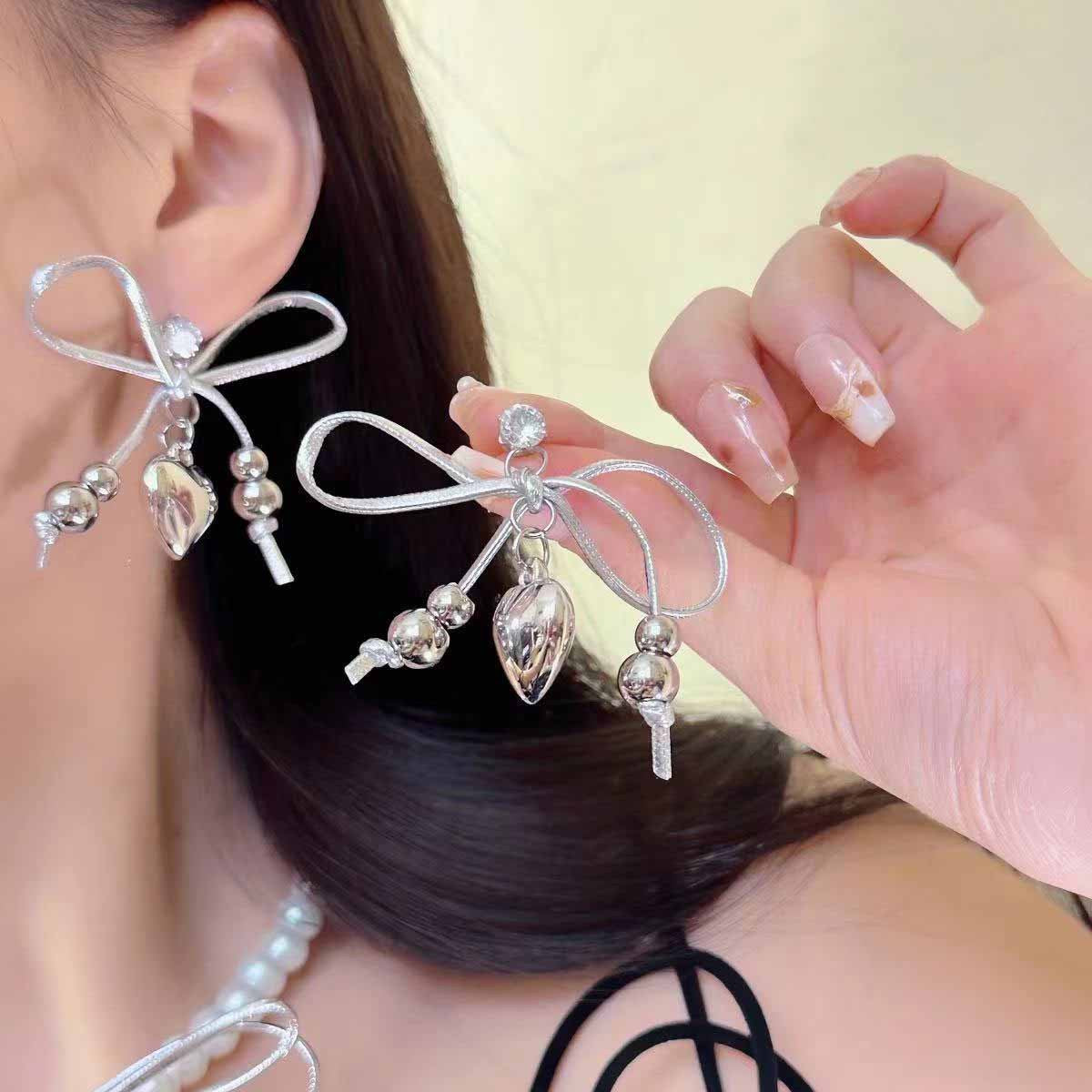 Sweet Heart Shape Silver Alloy Earrings With Electroplated Finish, Unisex Design