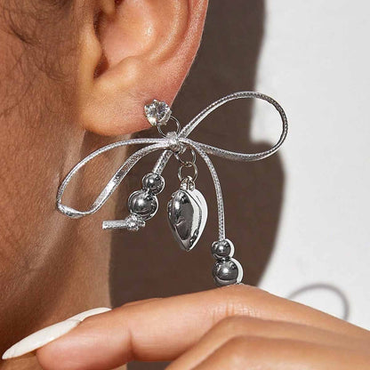 Sweet Heart Shape Silver Alloy Earrings With Electroplated Finish, Unisex Design