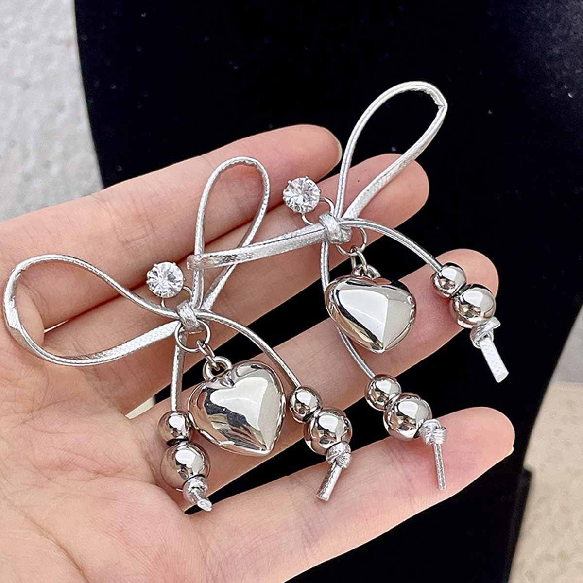 Sweet Heart Shape Silver Alloy Earrings With Electroplated Finish, Unisex Design