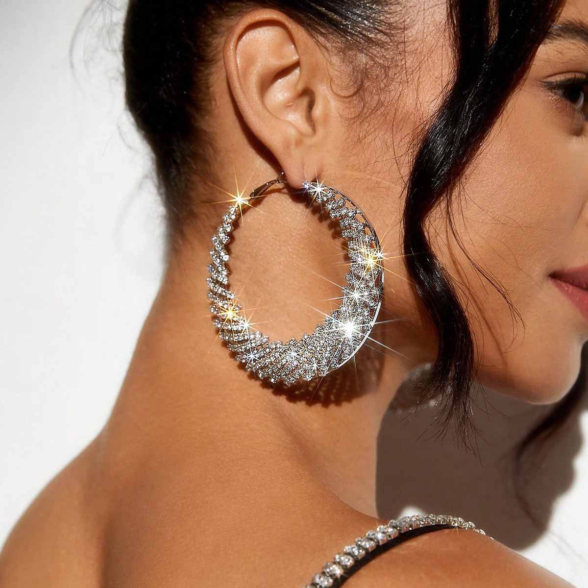 Sweet Moon Earrings For Unisex, Alloy Material With Rhinestones, Electroplated Finish And 304 Stainless Steel Ear Pins