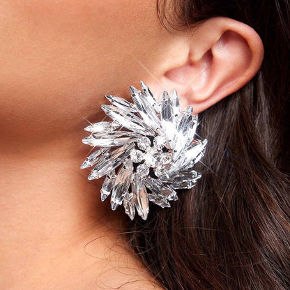 Exaggerated Geometric Silver Alloy Clip Earrings With Rhinestones, Unisex Design