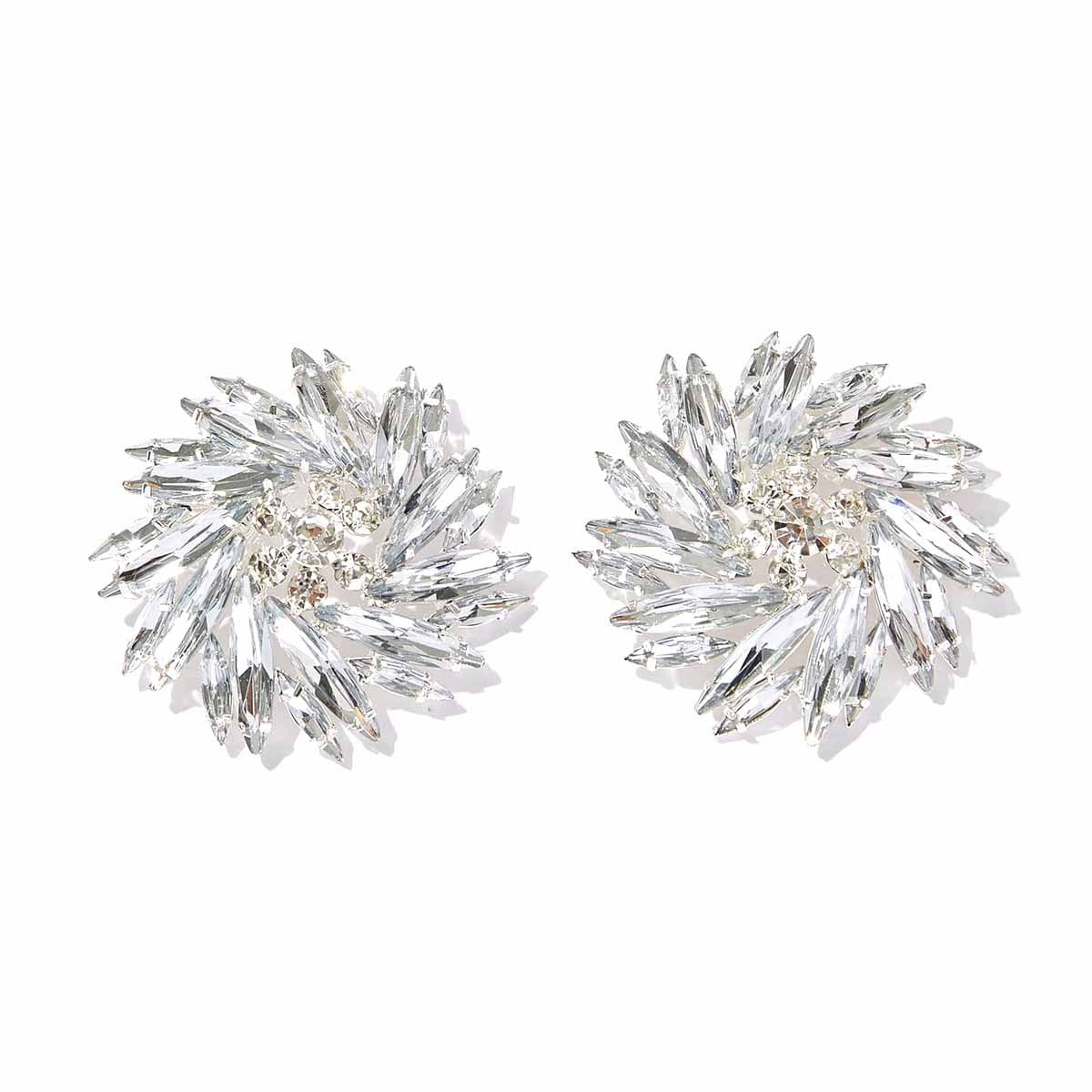 Exaggerated Geometric Silver Alloy Clip Earrings With Rhinestones, Unisex Design