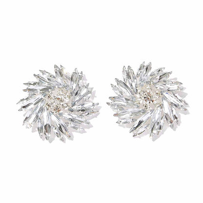 Exaggerated Geometric Silver Alloy Clip Earrings With Rhinestones, Unisex Design