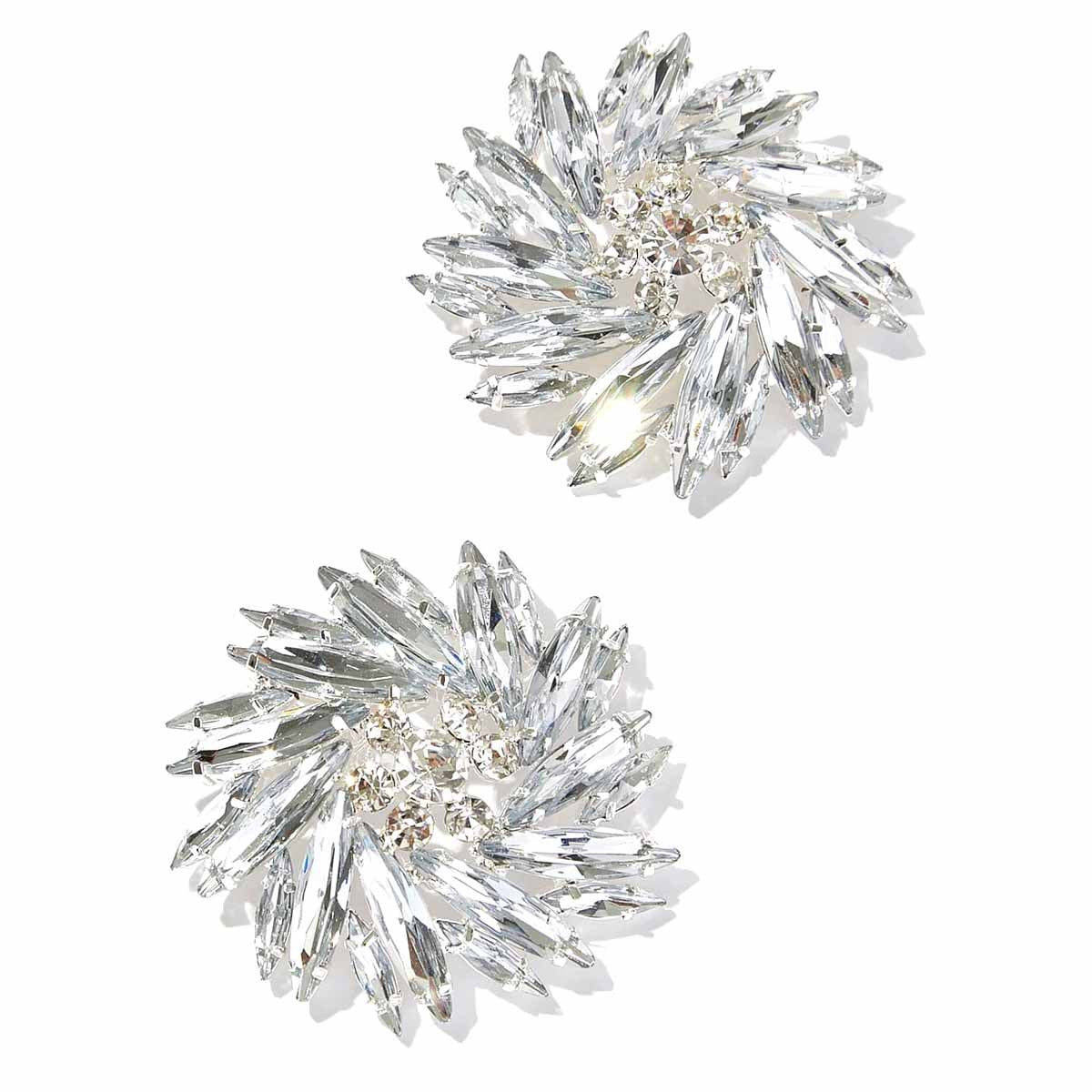 Exaggerated Geometric Silver Alloy Clip Earrings With Rhinestones, Unisex Design