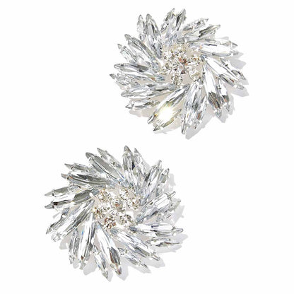 Exaggerated Geometric Silver Alloy Clip Earrings With Rhinestones, Unisex Design