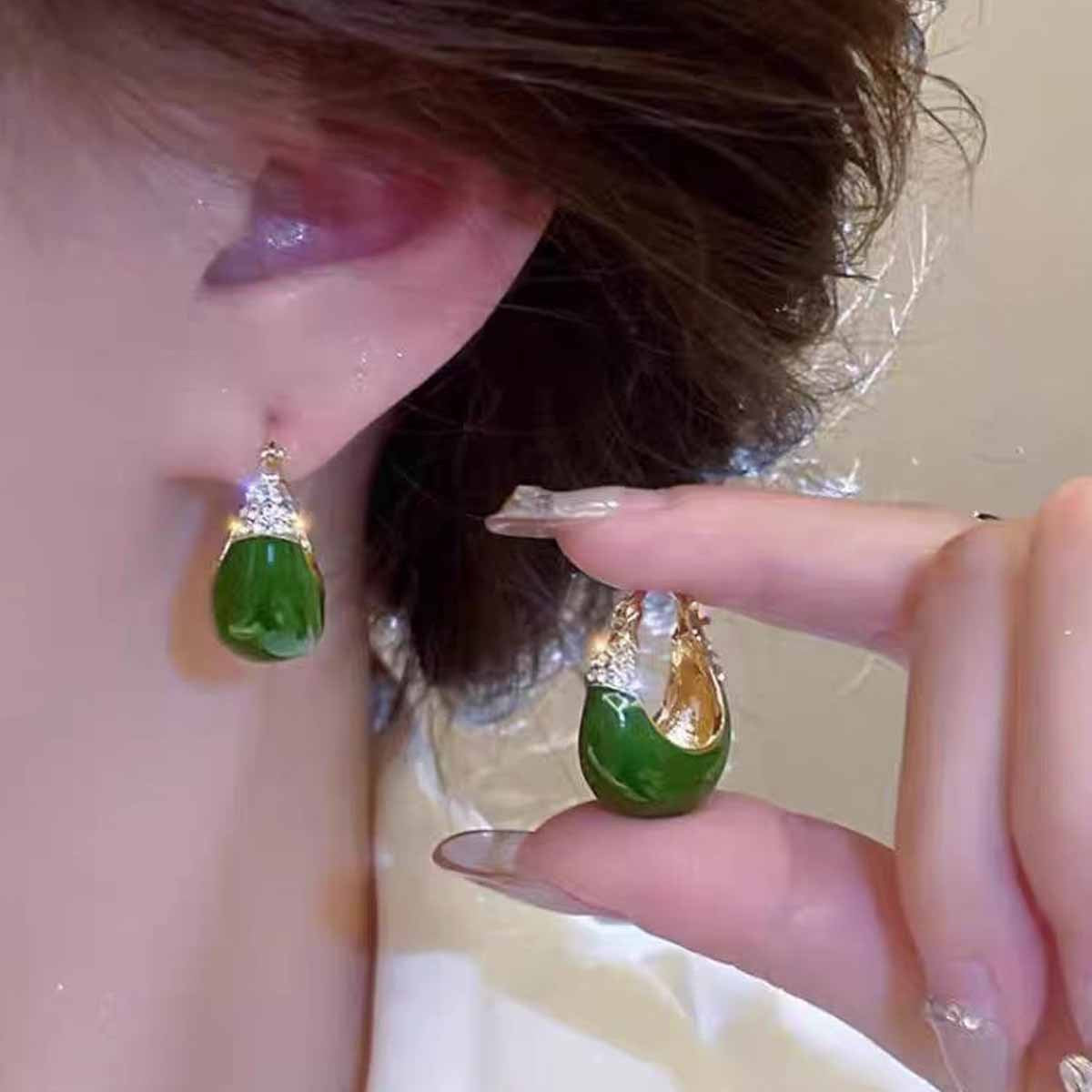Sweet Geometric Green Alloy Earrings With Electroplated Finish And 925 Sterling Silver Posts, Unisex Design