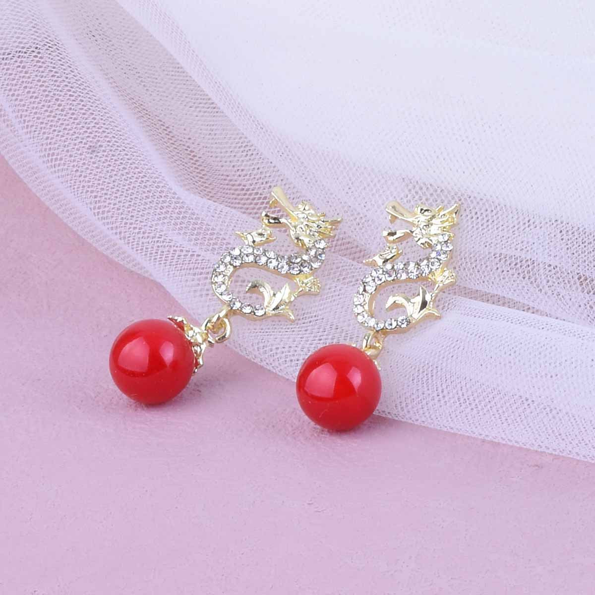 Gold Dragon Stud Earrings In Zinc Alloy With Rhinestones, Unisex Design