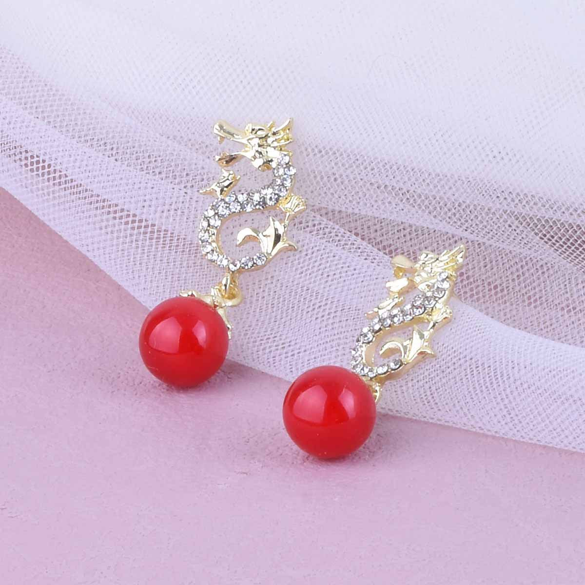 Gold Dragon Stud Earrings In Zinc Alloy With Rhinestones, Unisex Design