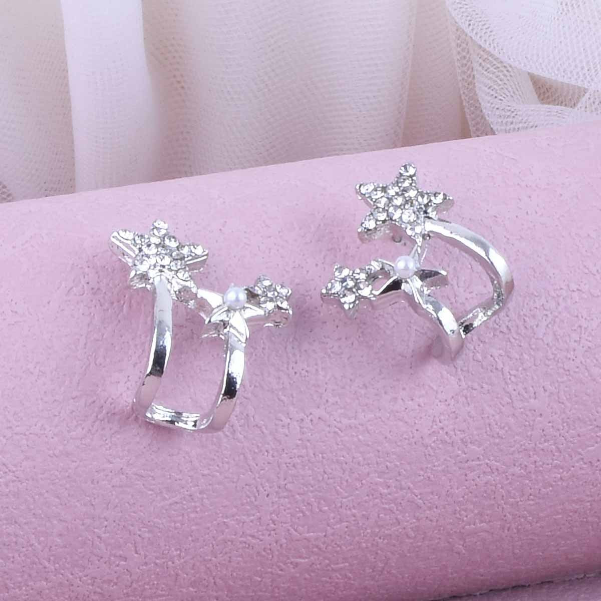 Sweet Silver Star Stud Earrings With Artificial Pearl Inlay, Alloy Material, Unisex Design