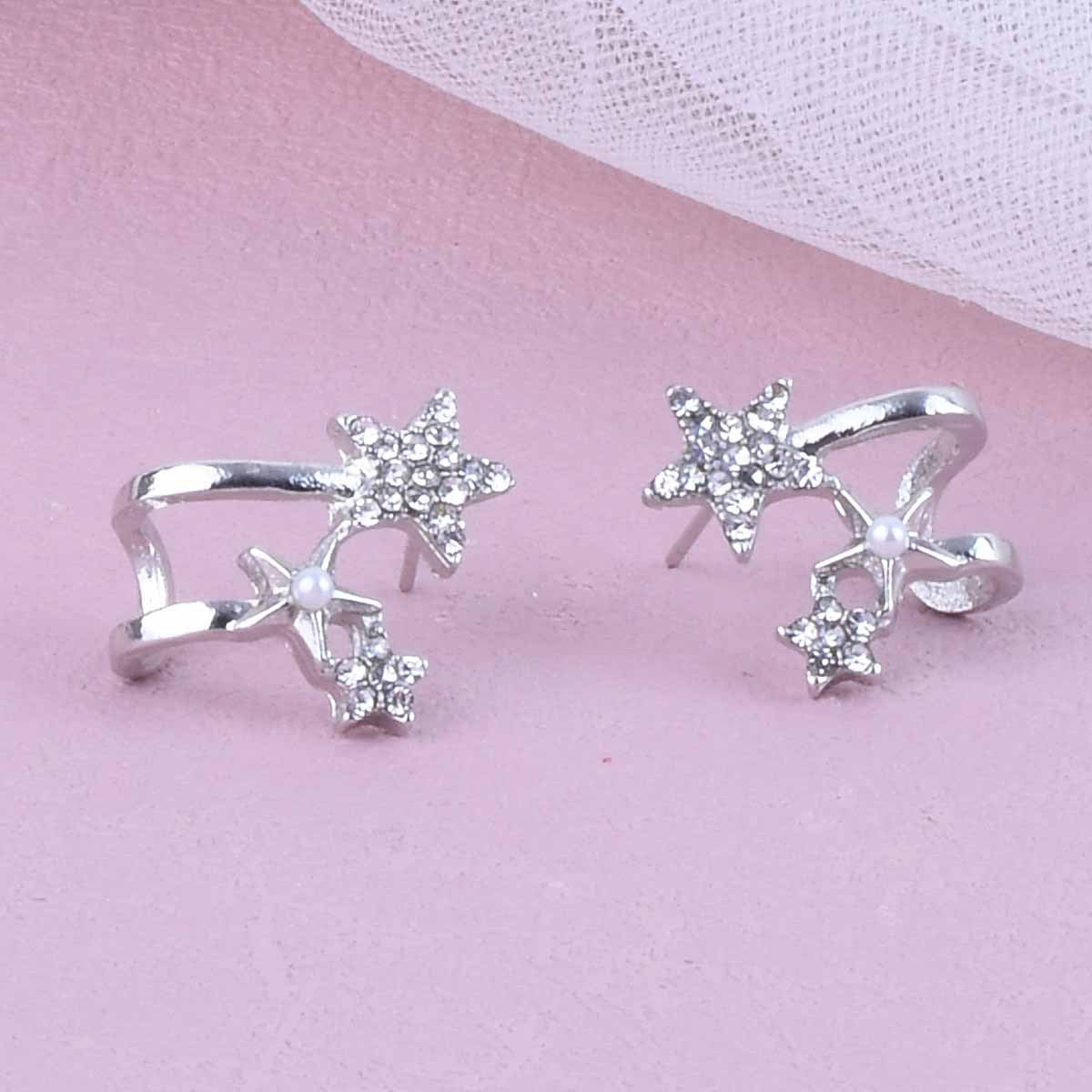 Sweet Silver Star Stud Earrings With Artificial Pearl Inlay, Alloy Material, Unisex Design