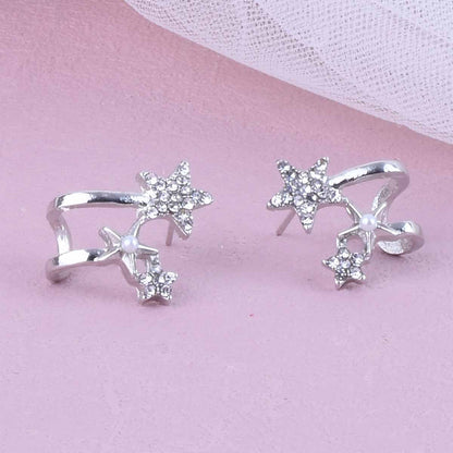 Sweet Silver Star Stud Earrings With Artificial Pearl Inlay, Alloy Material, Unisex Design
