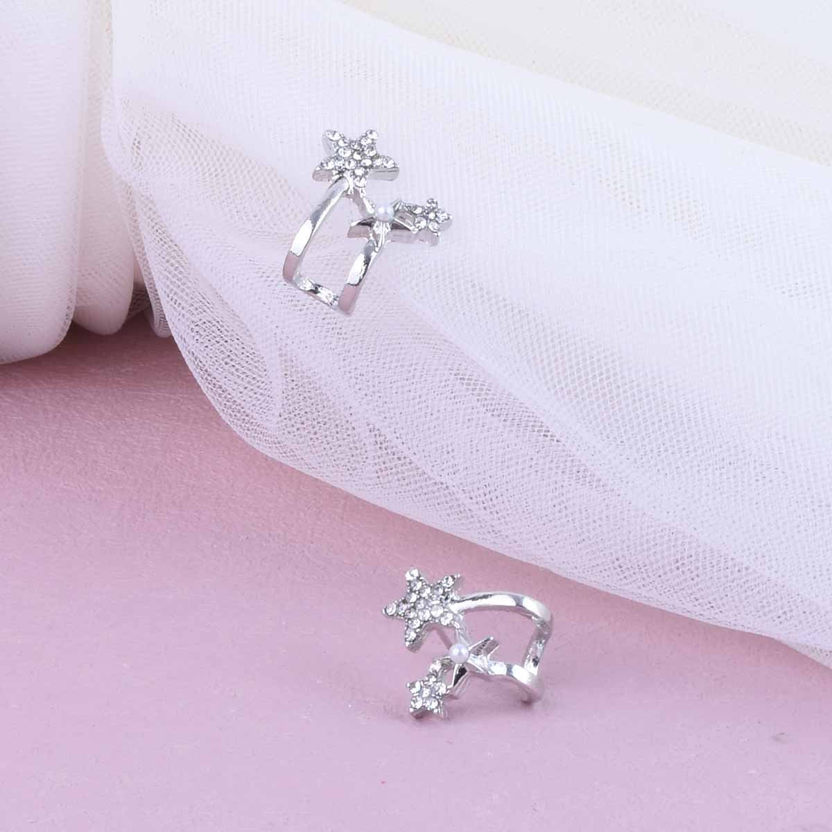 Sweet Silver Star Stud Earrings With Artificial Pearl Inlay, Alloy Material, Unisex Design