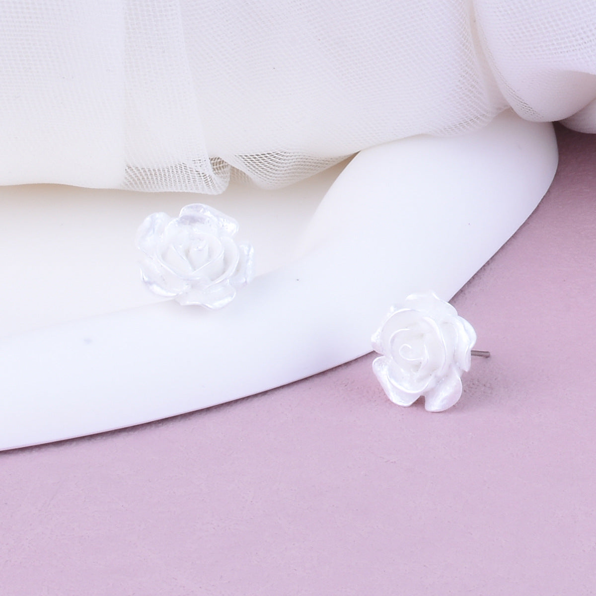 Rose Stud Earrings For Unisex Featuring Zinc Alloy Material In Sweet Style, Available In White